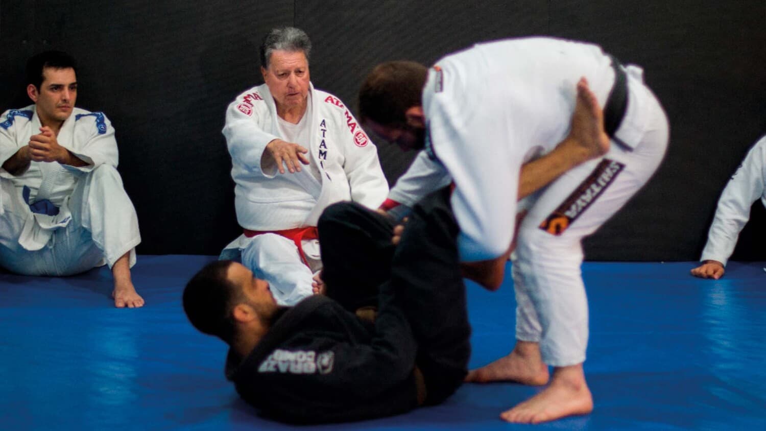 Dupla de adultos treinando jiu-jitsu